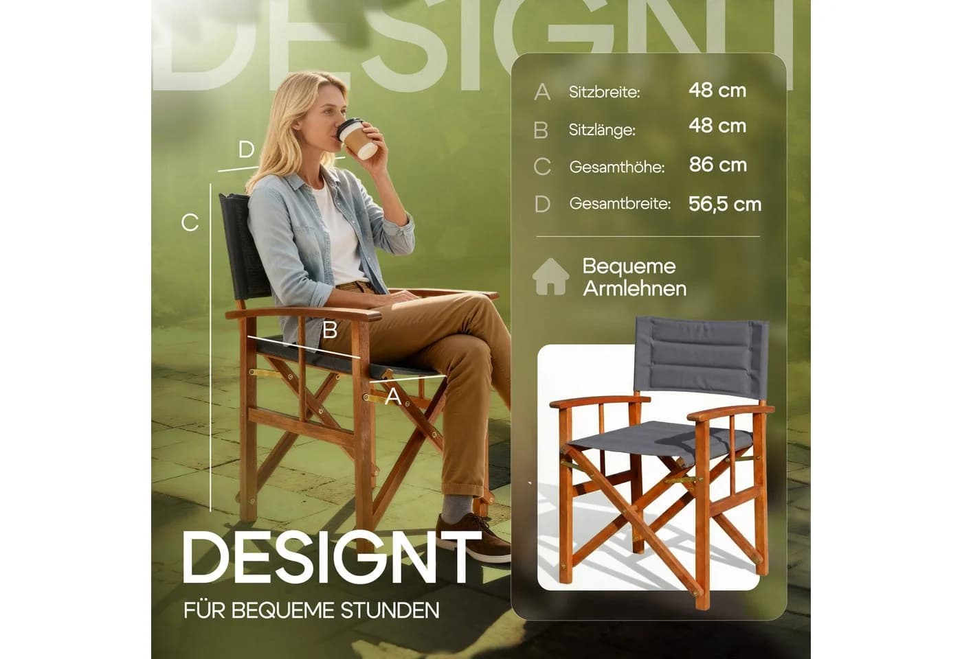 Casaria Regiestuhl Klappbar Gepolstert FSC® Eukalyptusholz Grau - Bild 5
