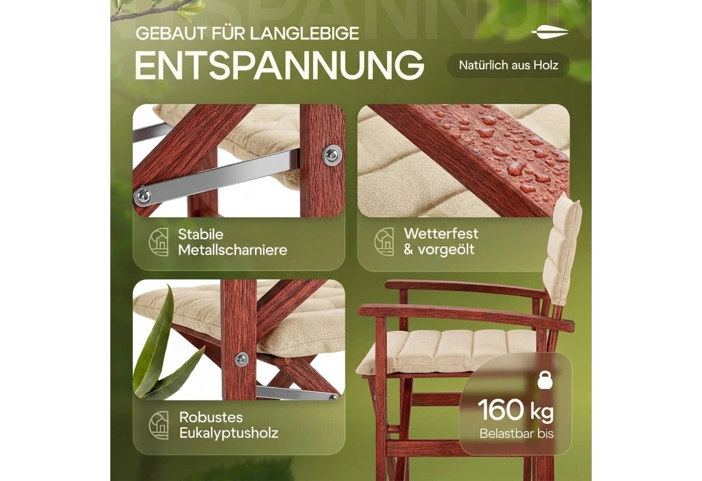 Casaria Regiestuhl Klappbar Gepolstert FSC® Eukalyptus Beige - Bild 3