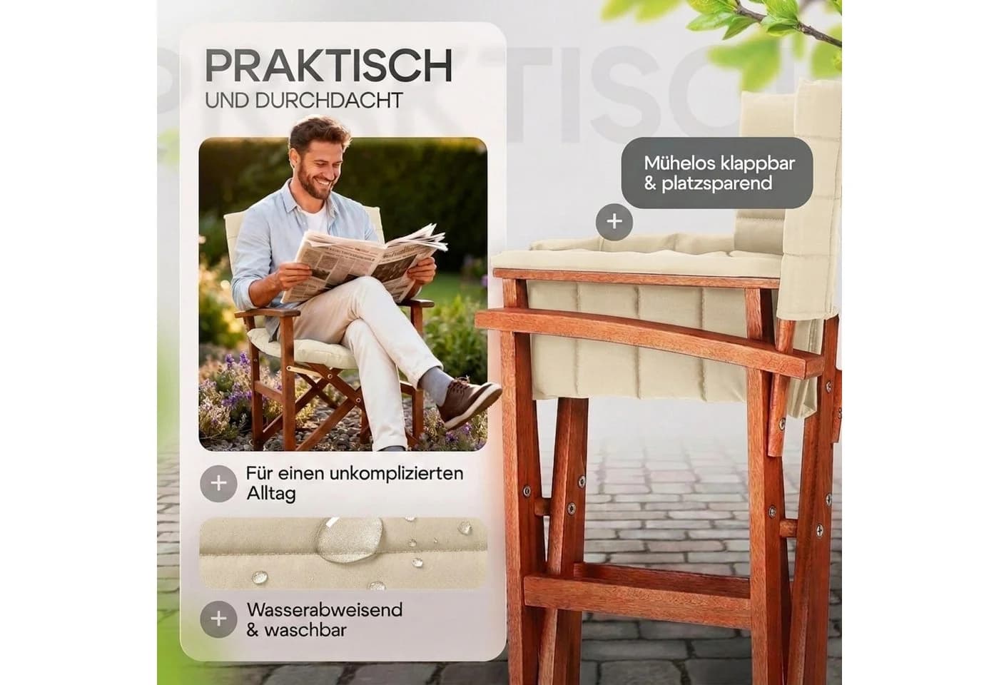 Casaria Regiestuhl Klappbar Gepolstert FSC® Eukalyptus Beige - Bild 4