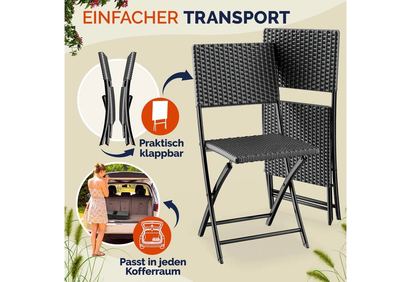 Casaria Klappstuhl 2er Set Anthrazit Polyrattan 120kg Belastbarkeit