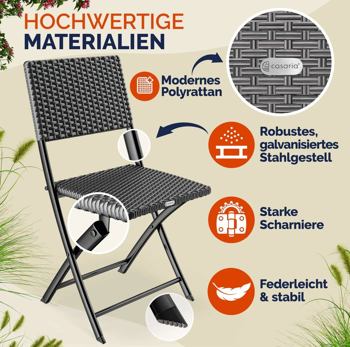 Casaria Klappstuhl 2er Set Anthrazit Polyrattan 120kg Belastbarkeit - Bild 4