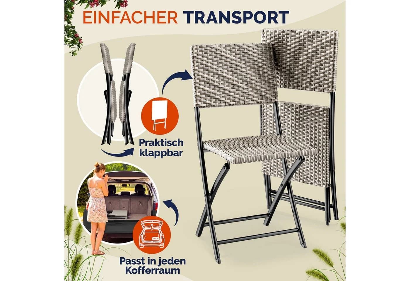 Casaria Klappstuhl 2er Set Poly Rattan Beige Schwarz Grau