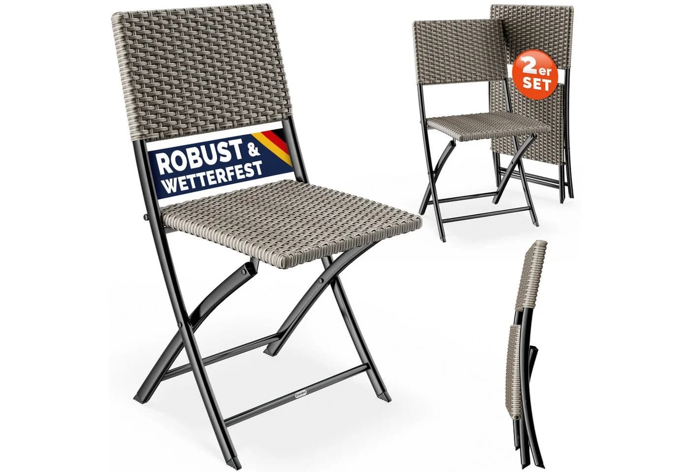 Casaria Klappstuhl 2er Set Poly Rattan Beige Schwarz Grau - Bild 2