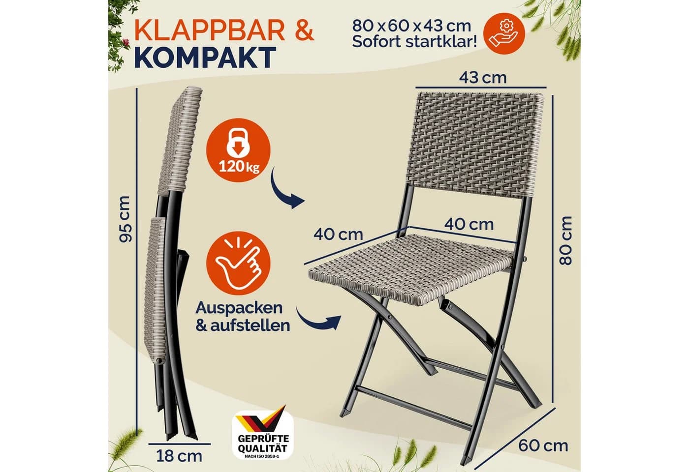 Casaria Klappstuhl 2er Set Poly Rattan Beige Schwarz Grau - Bild 3