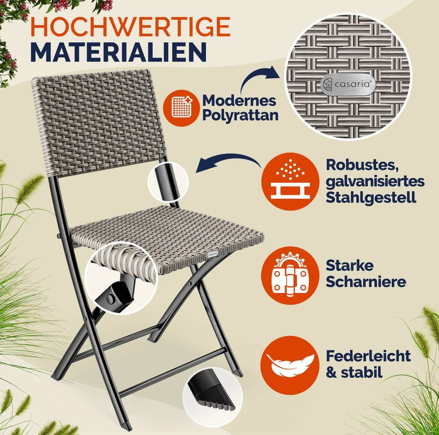 Casaria Klappstuhl 2er Set Poly Rattan Beige Schwarz Grau - Bild 4
