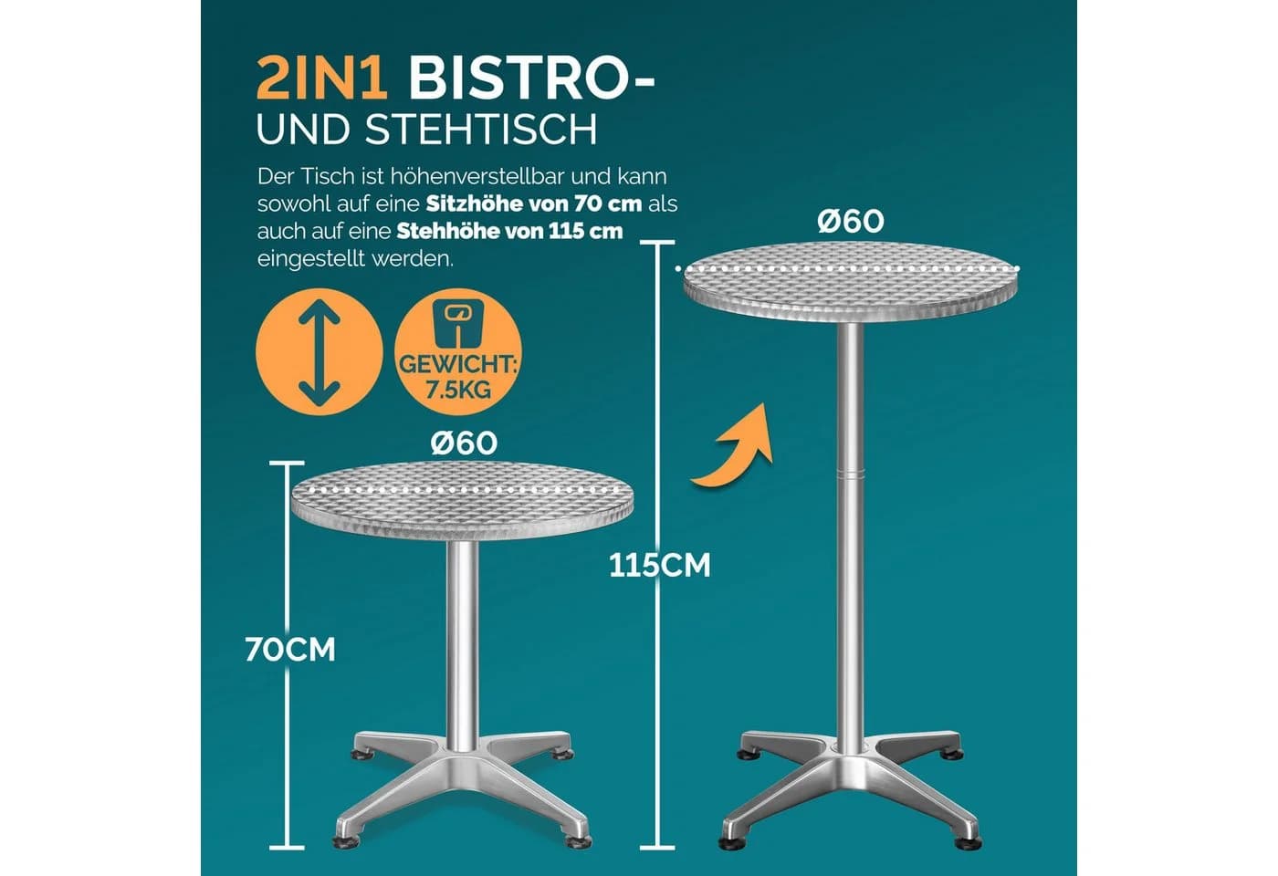 Casaria Stehtisch mit Husse Höhenverstellbar Hoch Alu Rund Ø 60cm Wetterfest - Bild 3