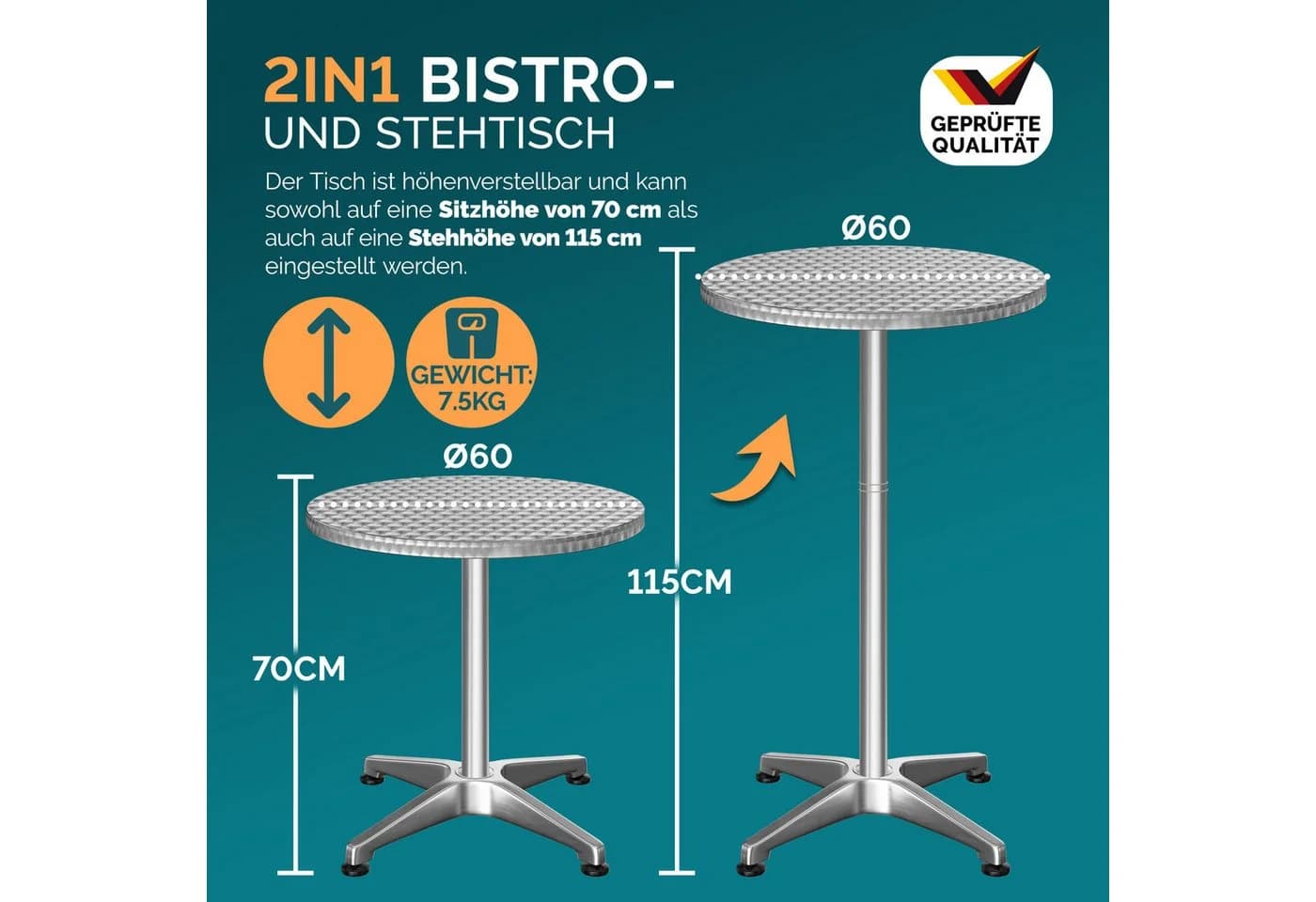 Casaria Stehtisch Bistrotisch klappbar höhenverstellbar Aluminium Edelstahl weiß - Bild 3