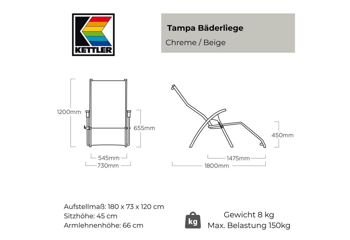 Kettler Tampa Wellnessliege Creme Beige Aluminium - Bild 3
