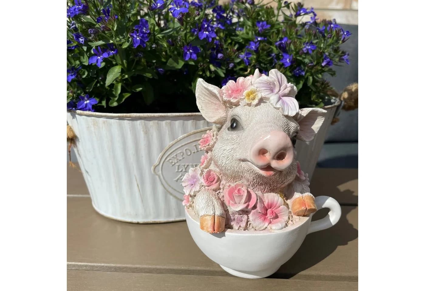 Online-Fuchs Gartenfigur Schwein mit Blumen Polyresin - Bild 2