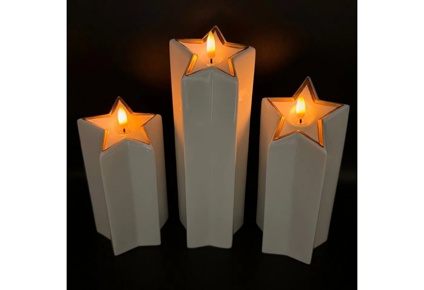 Online-Fuchs LED-Kerze 3er Set Sternkerzen Keramik Roségold/Silber mit Timer - Bild 3