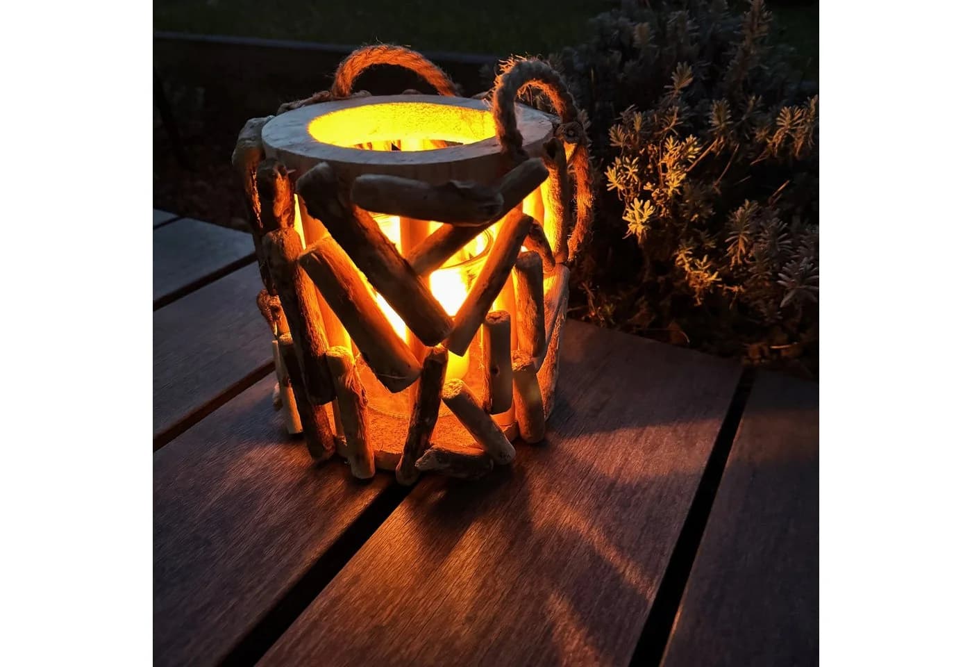 Online-Fuchs Windlicht Laterne aus Treibholz mit Kerzenständer aus Glas - Bild 2