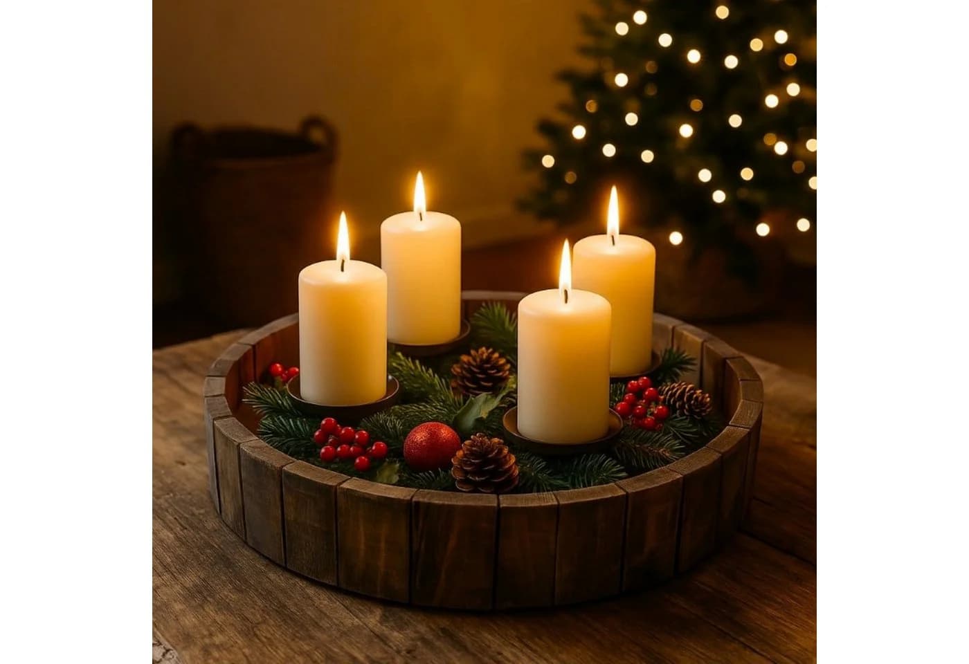 Online-Fuchs Adventskranz rund Holz mit schwarzen Metallhaltern - Bild 2