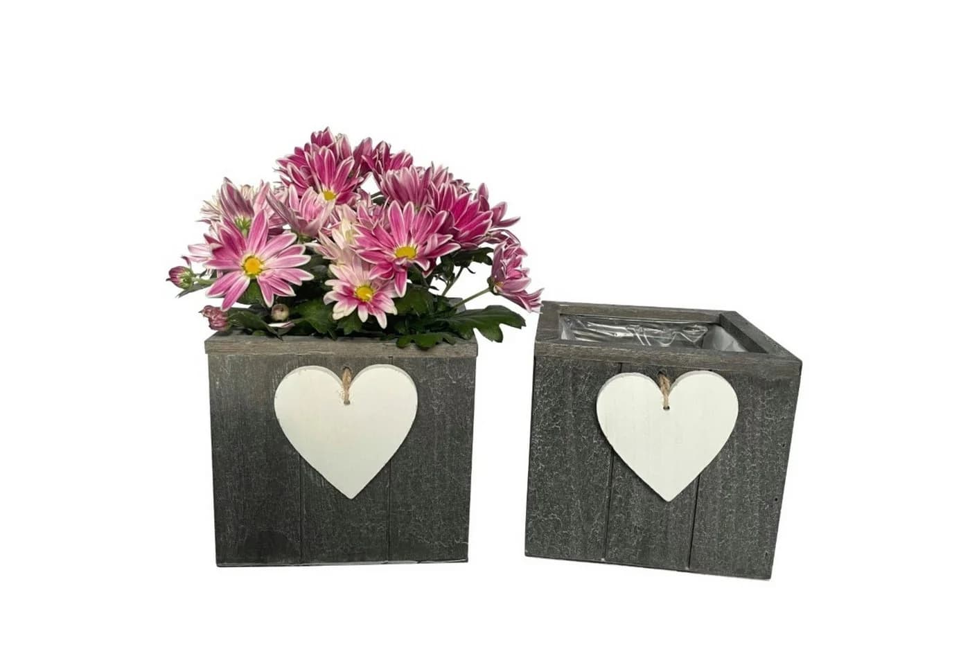 Online-Fuchs Blumentopf 2er Set Holz Herz Grau/Weiß
