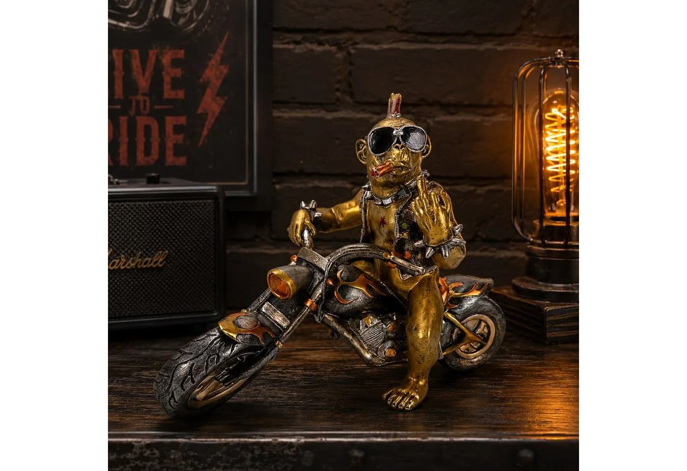 Online-Fuchs Dekofigur Rocker-Affe auf Motorrad Gold/Silber - Bild 2