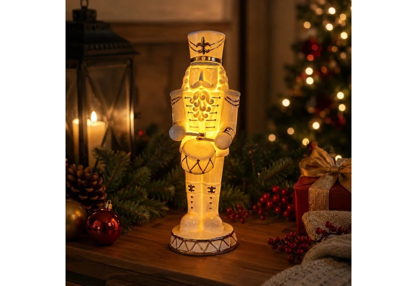Online-Fuchs LED-Dekofigur Nussknacker Keramik Weiß/Gold - Bild 2