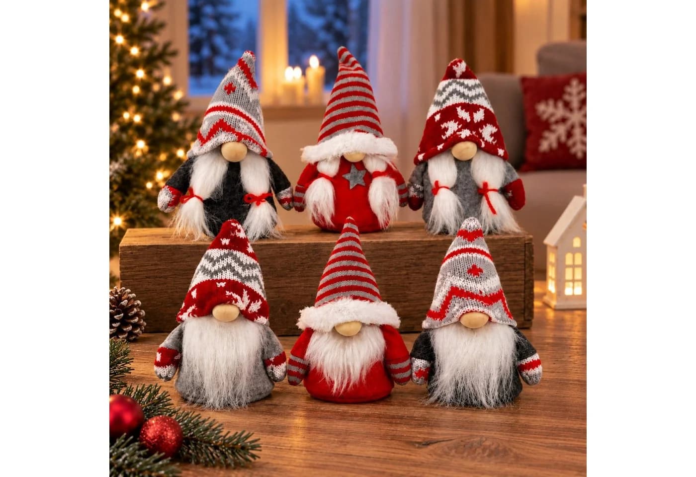 Online-Fuchs Weihnachtswichtel Set 6er Rot Grau Weiß Dekofigur mit Mütze - Bild 2
