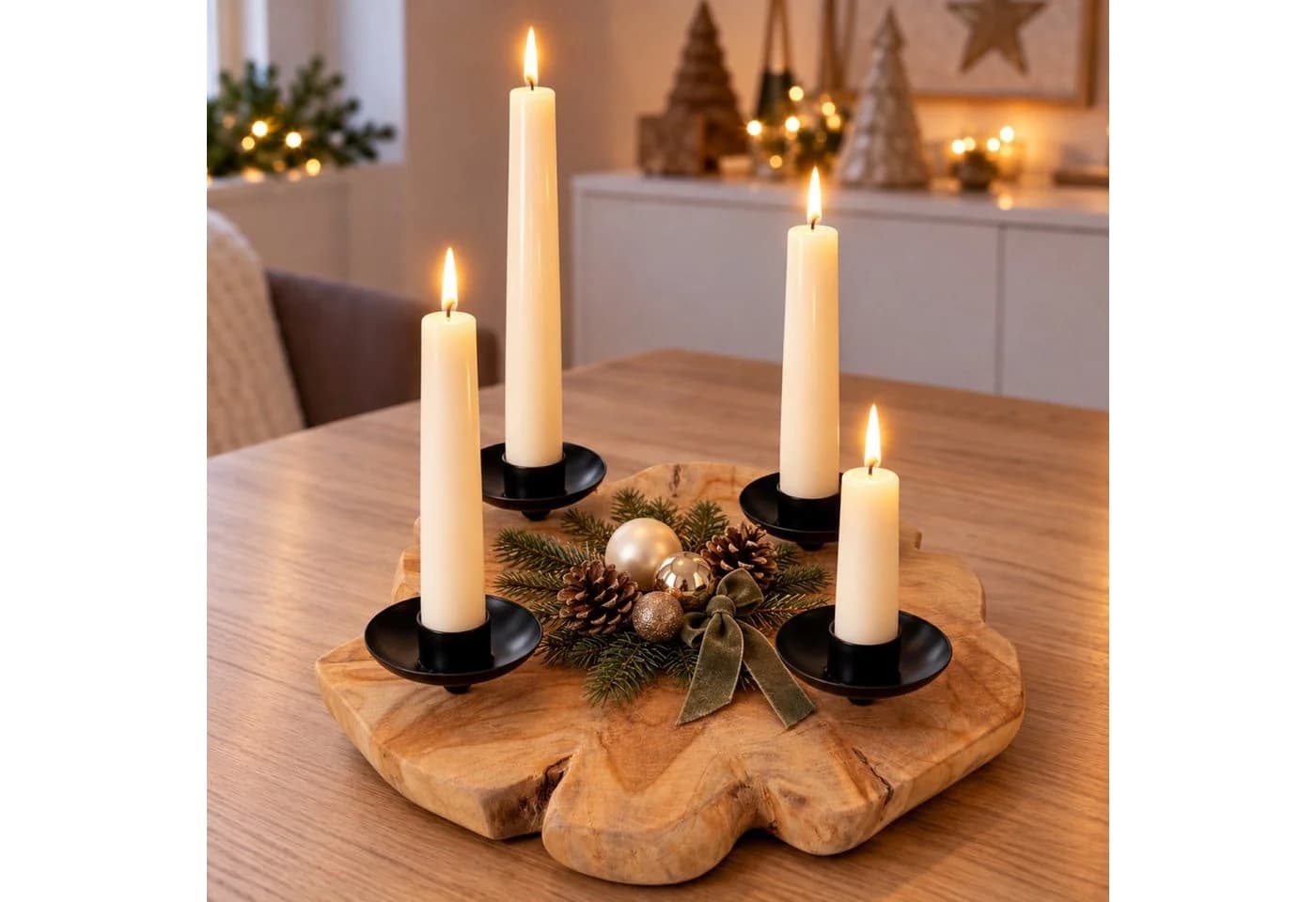Online-Fuchs Adventskranz Teakholz Baumscheibe mit 4 schwarzen Metallhaltern - Bild 2