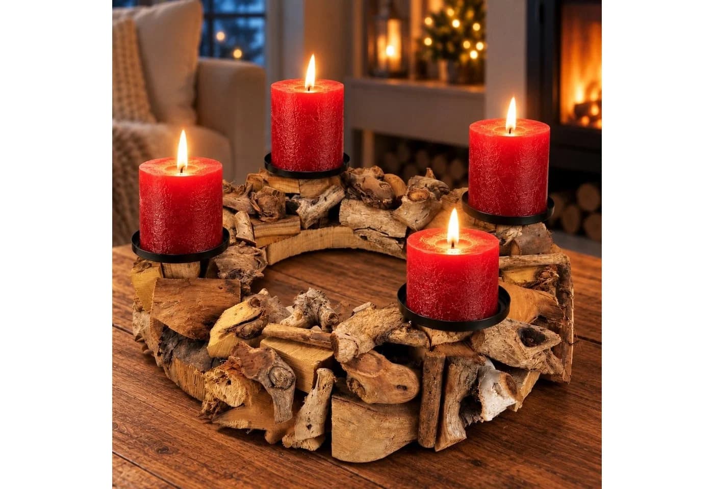 Online-Fuchs Adventskranz Treibholz Look mit Metall-Kerzenhaltern - Bild 2