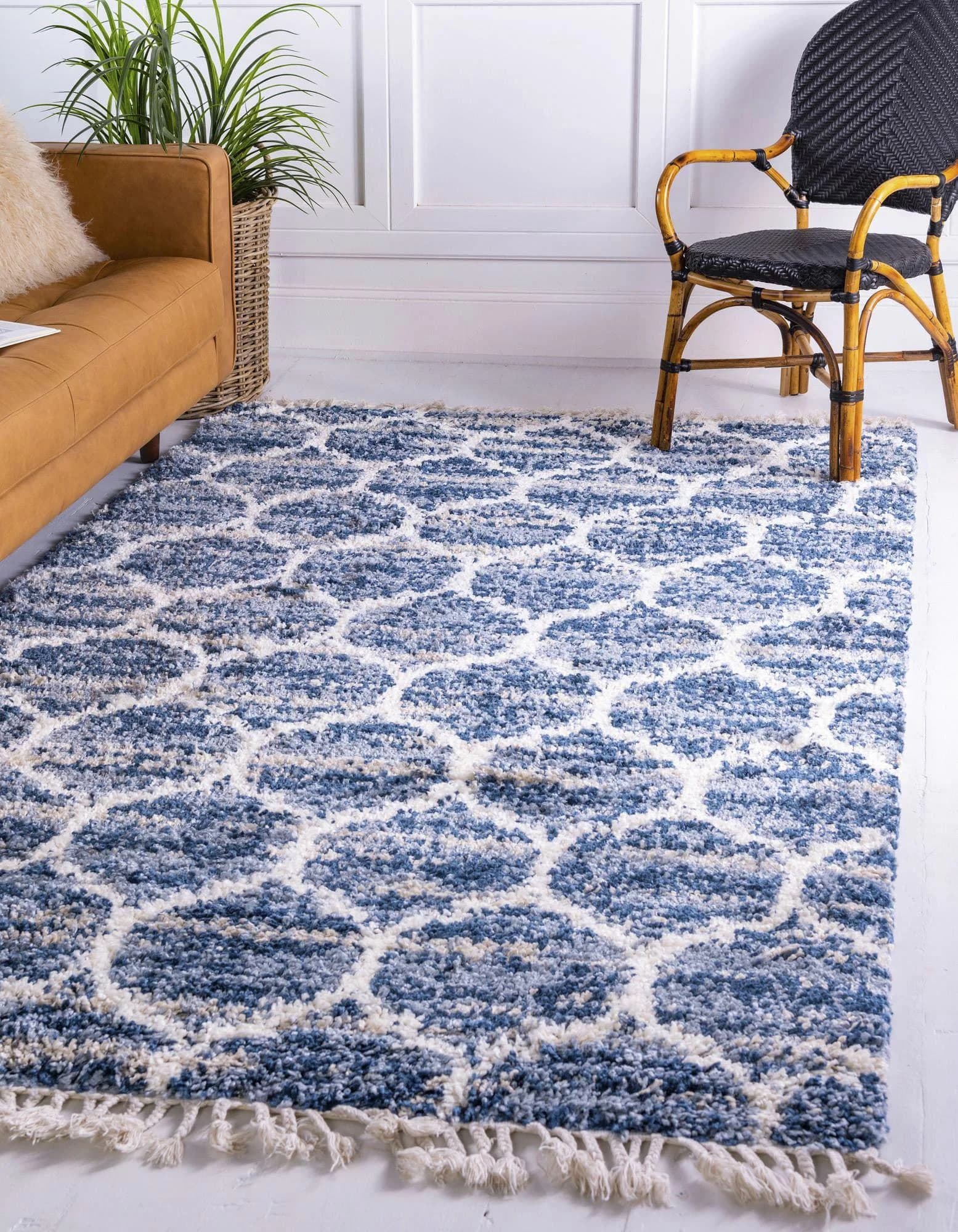 Myflair Hochflor-Teppich Top Shag Blau/Elfenbein mit Fransen