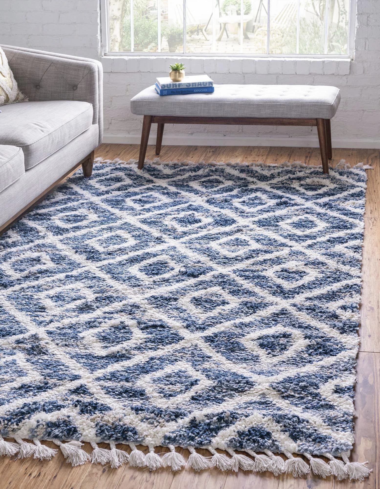 MyFlair Hochflor-Teppich Top Shag Blau/Elfenbein Rauten Design