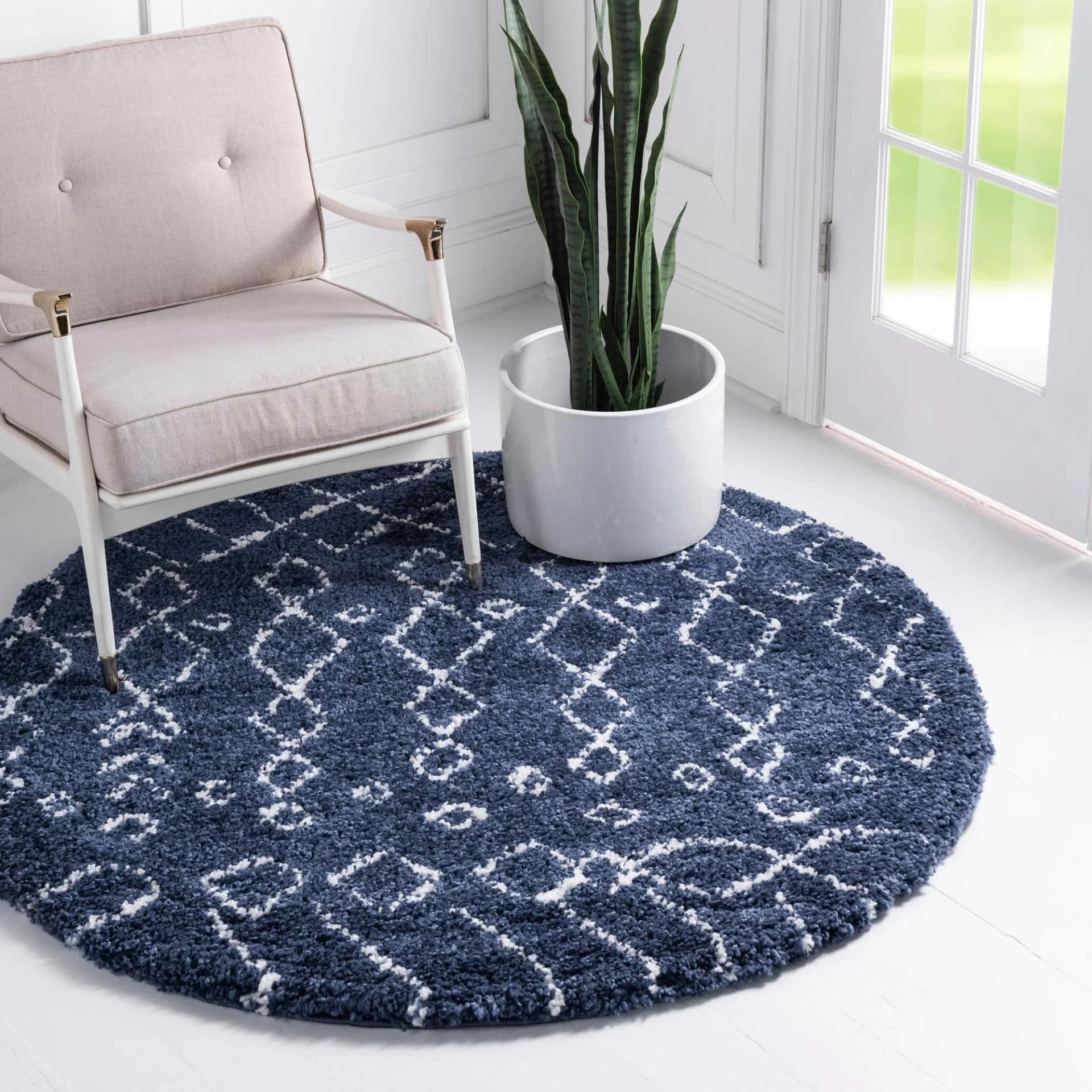 MyFlair Hochflor-Teppich Temara Shag Rund Marineblau/Elfenbein