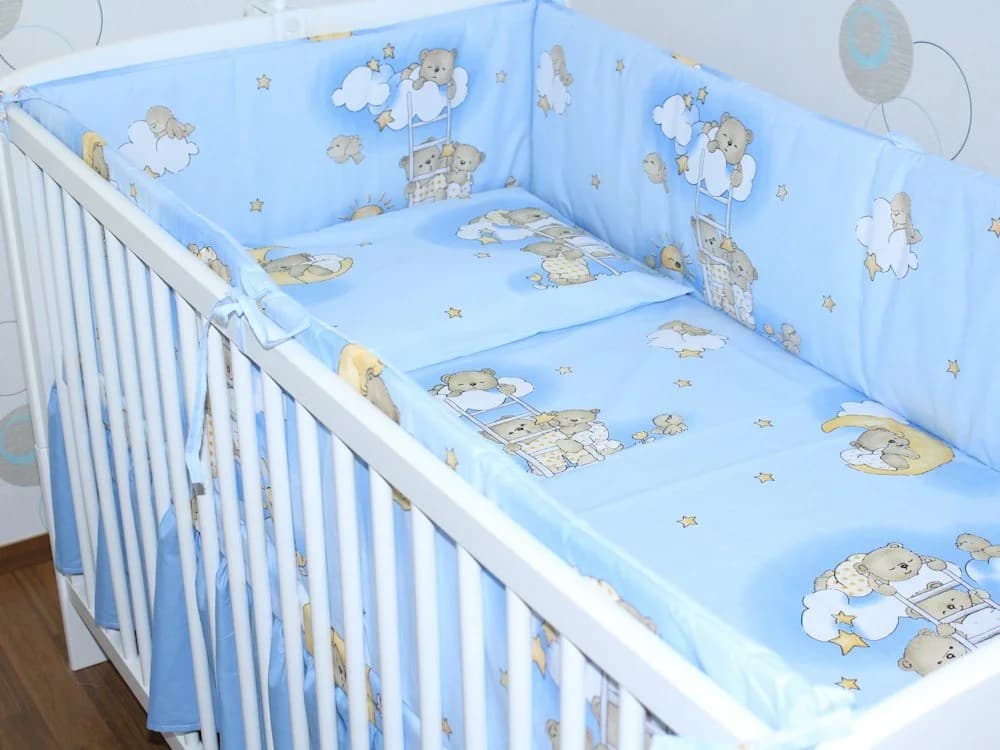 Primawela Babybettwäsche 6-teilig mit 420 cm Nestchen und Vollstoff-Himmel Blau