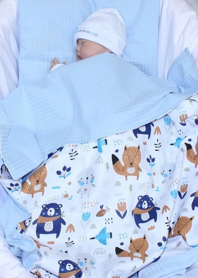 Primawela Babydecke Waffelpiqué Baumwolle Kuscheldecke Kinderwagendecke Blau - Bild 2