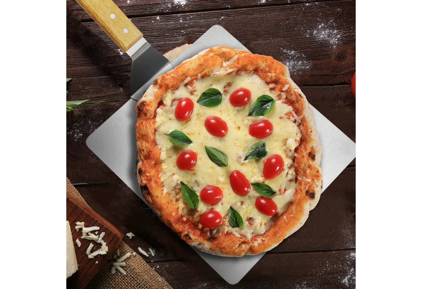 com-four Pizzaschieber Edelstahl mit Holzgriff