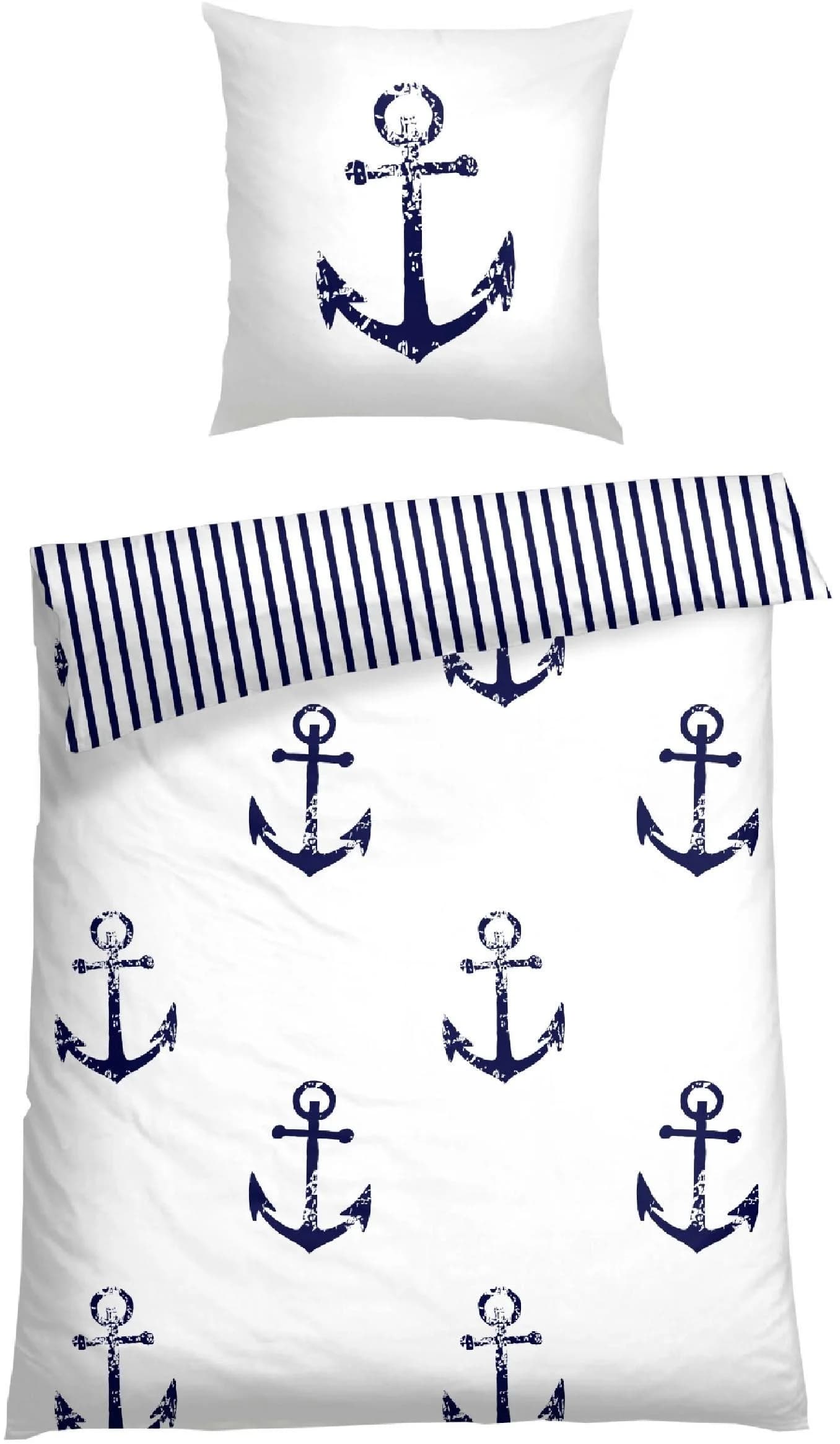 Schiesser Bettwäsche Marina Wendebettwäsche Weiß Marineblau Anker Streifen