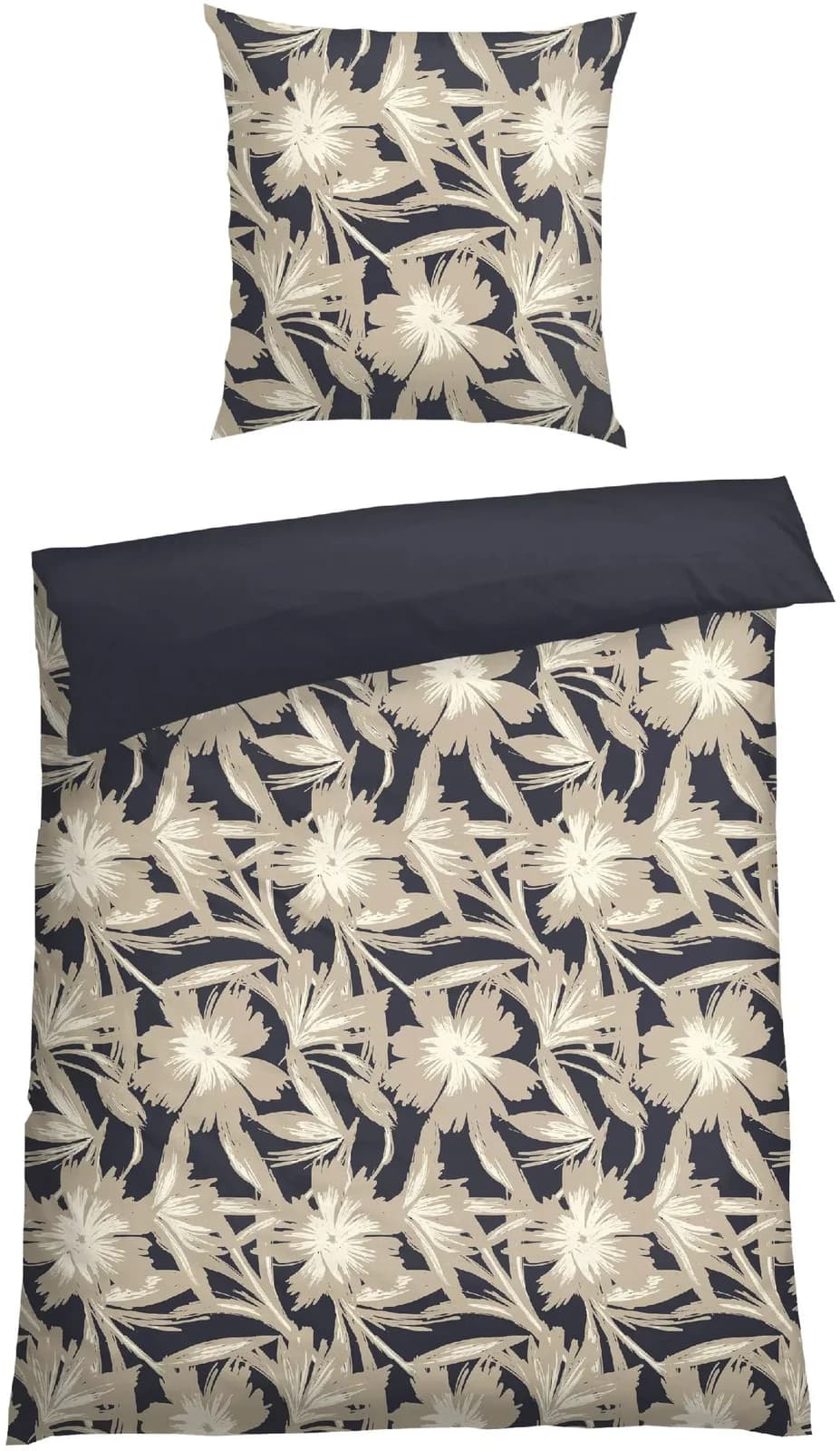 Schiesser Wendebettwäsche Artistic 100% Baumwolle Satin Beige Dunkelblau