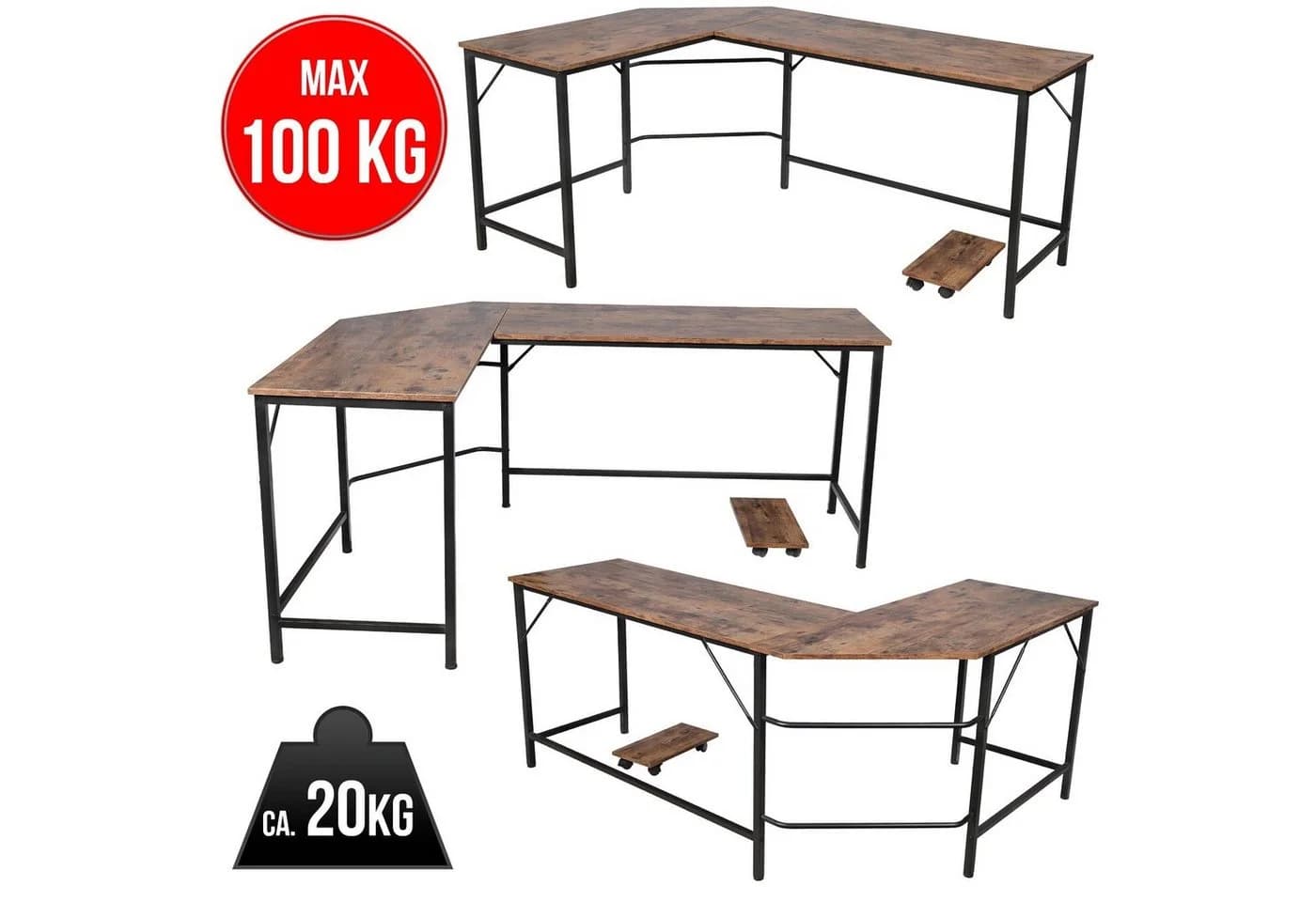 VENDOMNIA Eckschreibtisch L-Form Industrial Design Schwarz Vintagebraun