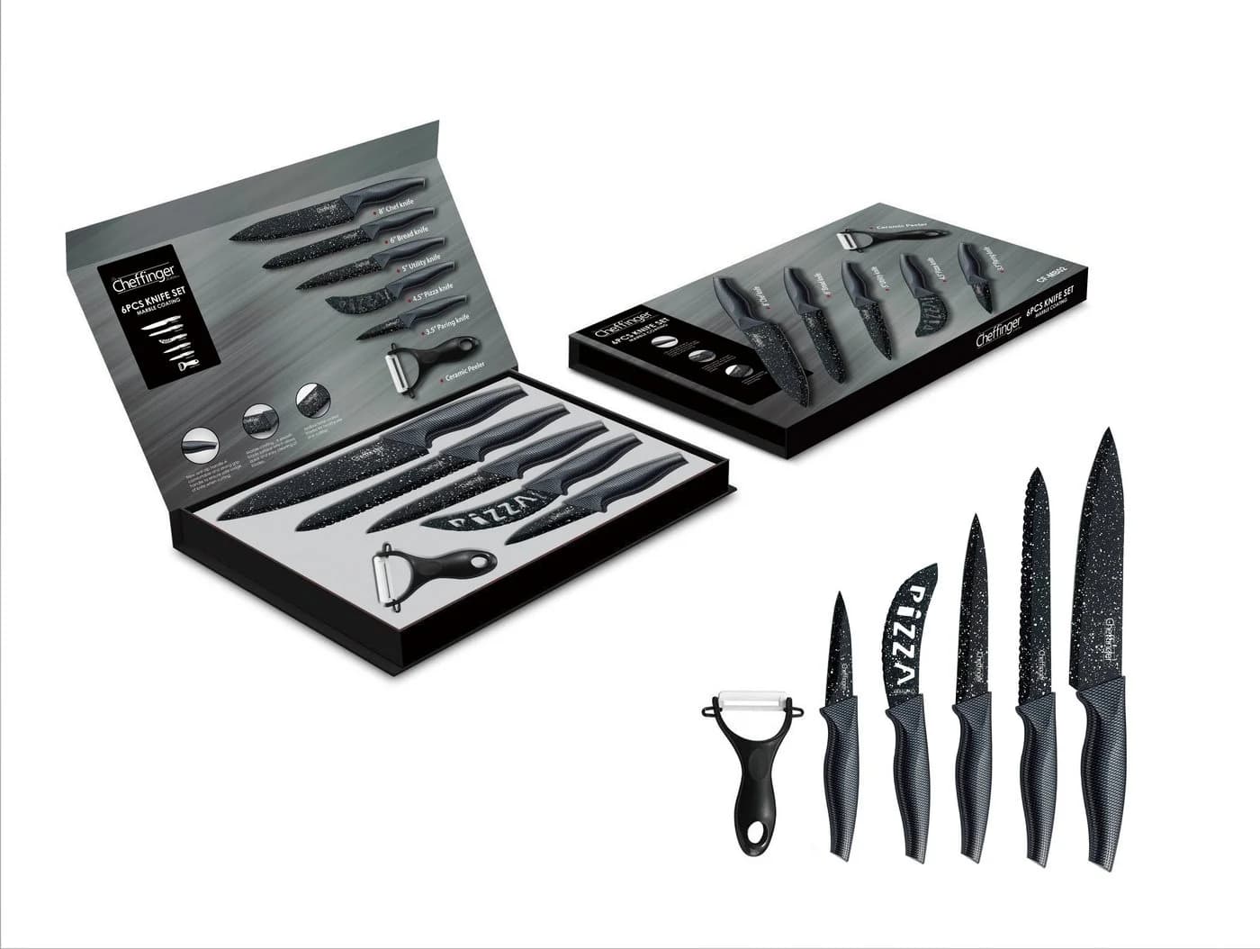 Cheffinger Messer-Set 6-teilig mit Granitbeschichtung und Klappbox Schwarz