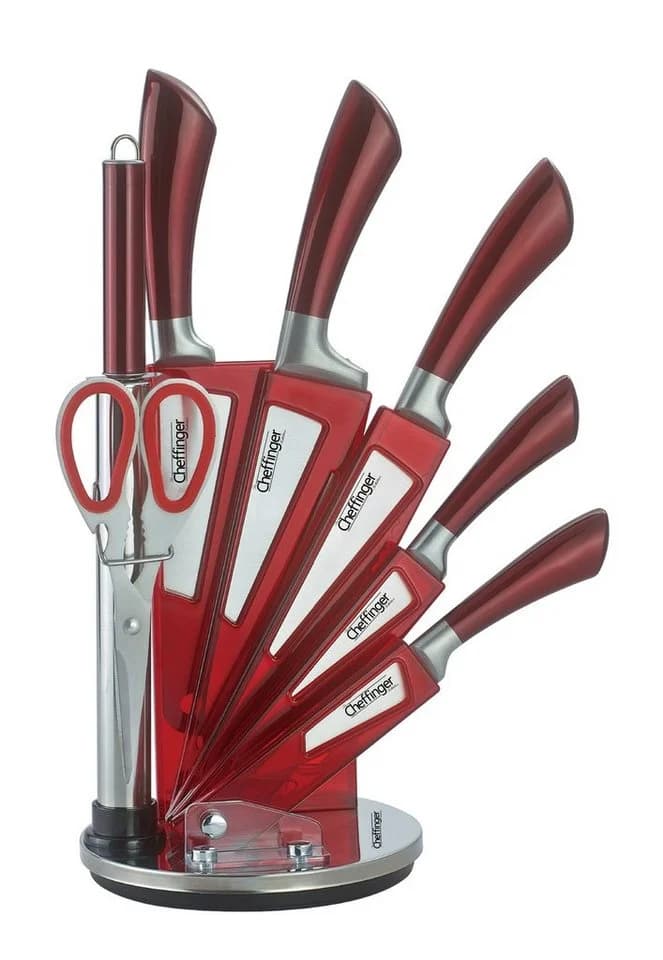 Cheffinger 8-tlg. Messer-Set mit Messerblock Edelstahl Rot/Schwarz/Silber - Bild 2