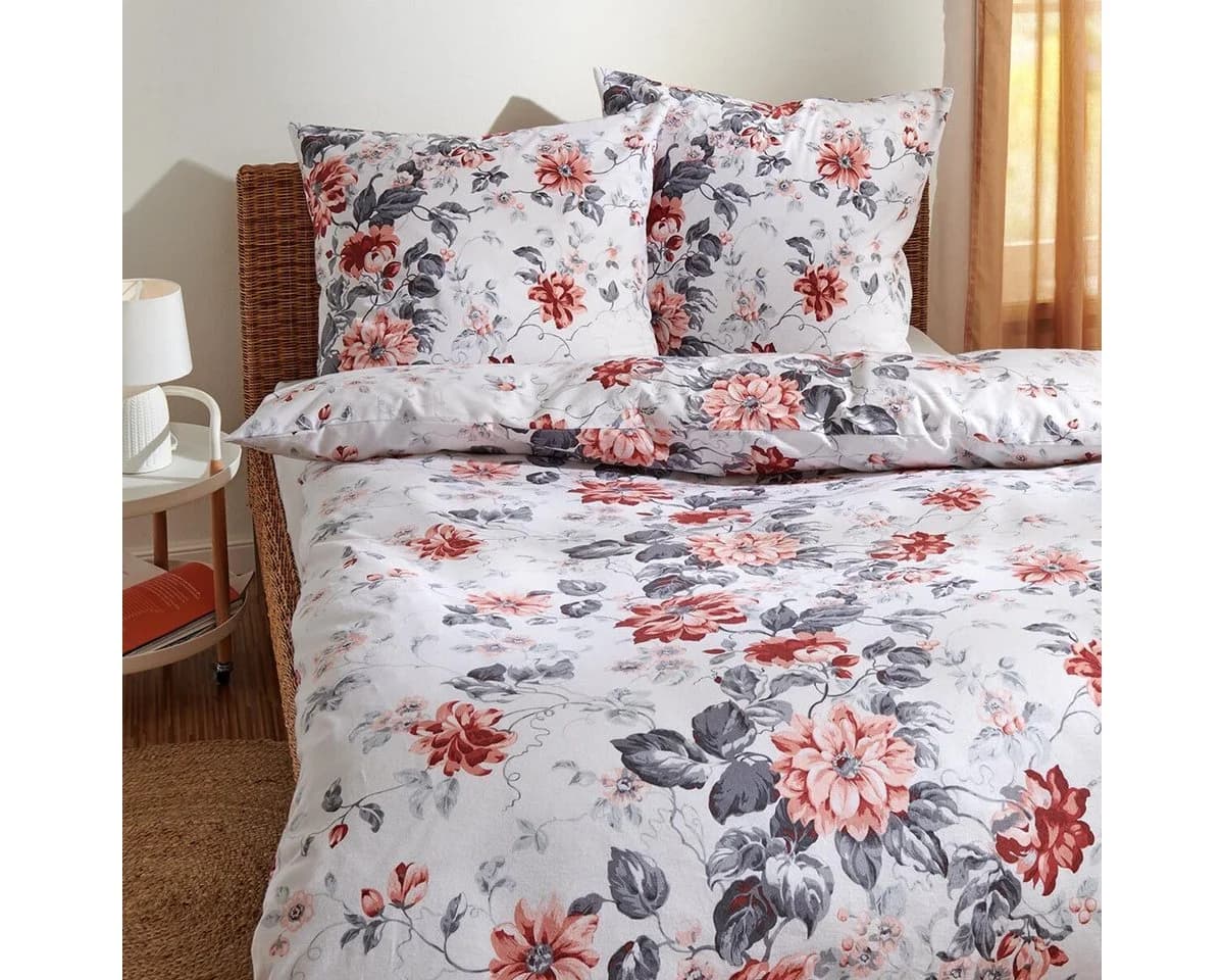 TRAUMSCHLAF Bettwäsche Blumen Rot Flanell 3-teilig
