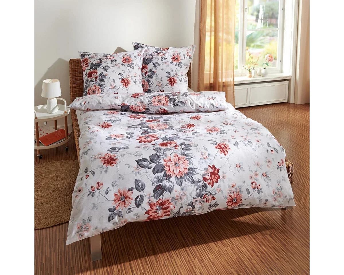 TRAUMSCHLAF Bettwäsche Blumen Rot Flanell 3-teilig - Bild 2