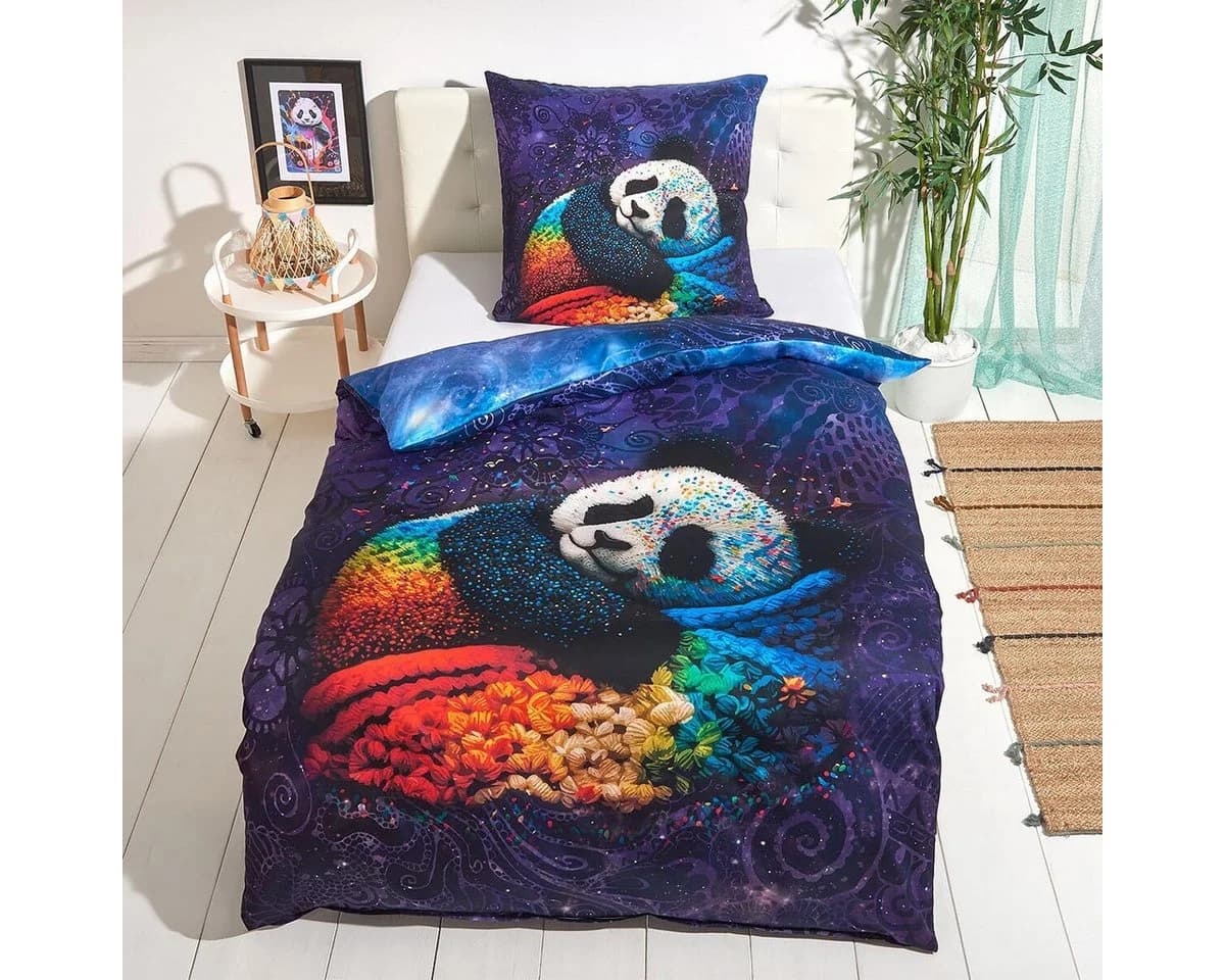 TRAUMSCHLAF Bettwäsche Panda Mako Satin 2 teilig Lila - Bild 2