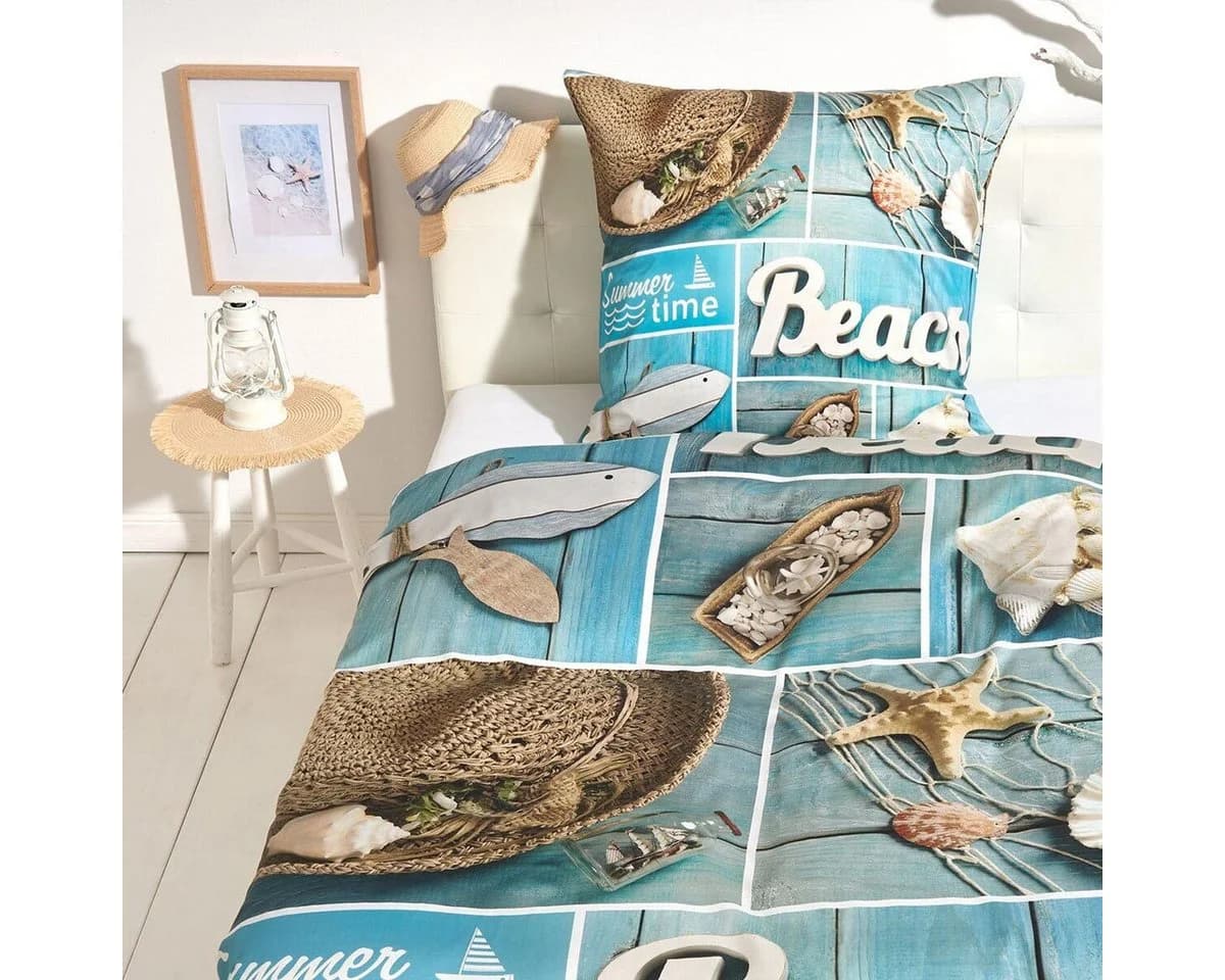 TRAUMSCHLAF Bettwäsche Beach Mako Satin 2-teilig Blau Sommerliches Design