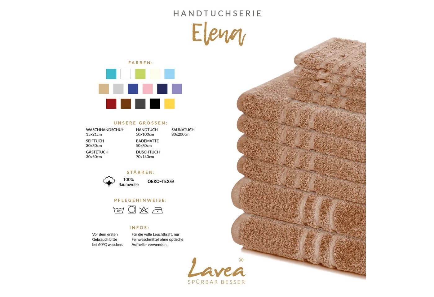 Lavea Badetuch Elena 2er Set 100x150 cm Baumwolle Beige - Bild 3