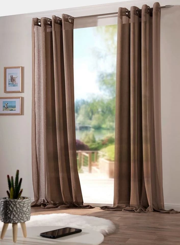 DecoHome24 Gardine Sable 2er-Set Ösen halbtransparent Leinenoptik Braun - Bild 2