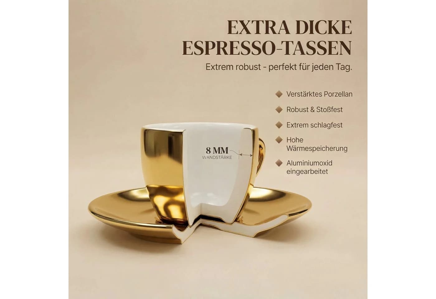 MUVELL Espressotassen Set 6-tlg. Gold Keramik Dickwandig - Bild 3