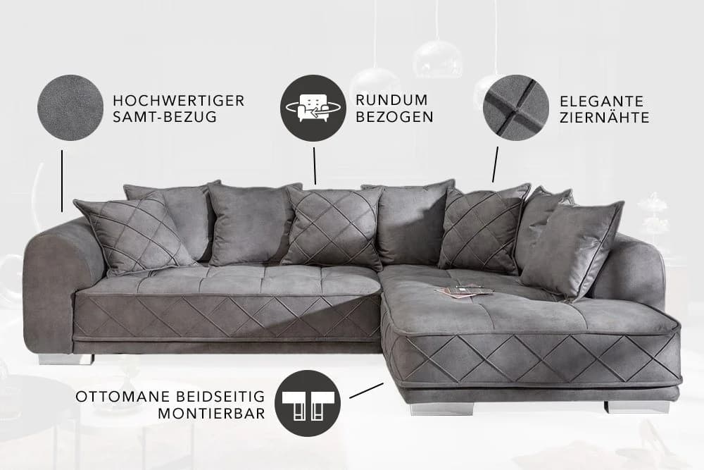 riess-ambiente Big-Sofa DECADENCIA 320cm Silbergrau Samt Eckcouch XXL - Bild 4