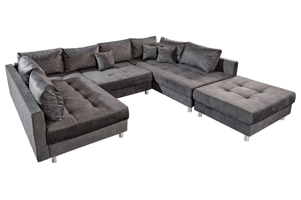 riess-ambiente Wohnlandschaft KENT 305cm Grau/Silber Samt U-Form mit Hocker