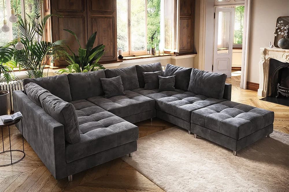 riess-ambiente Wohnlandschaft KENT 305cm Grau/Silber Samt U-Form mit Hocker - Bild 2