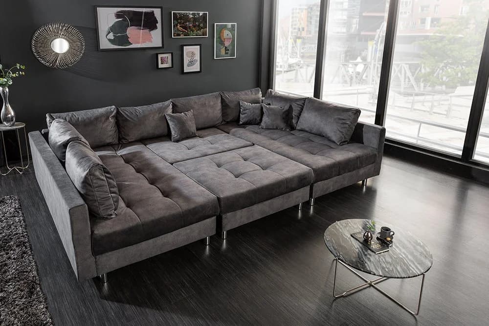 riess-ambiente Wohnlandschaft KENT 305cm Grau/Silber Samt U-Form mit Hocker - Bild 3
