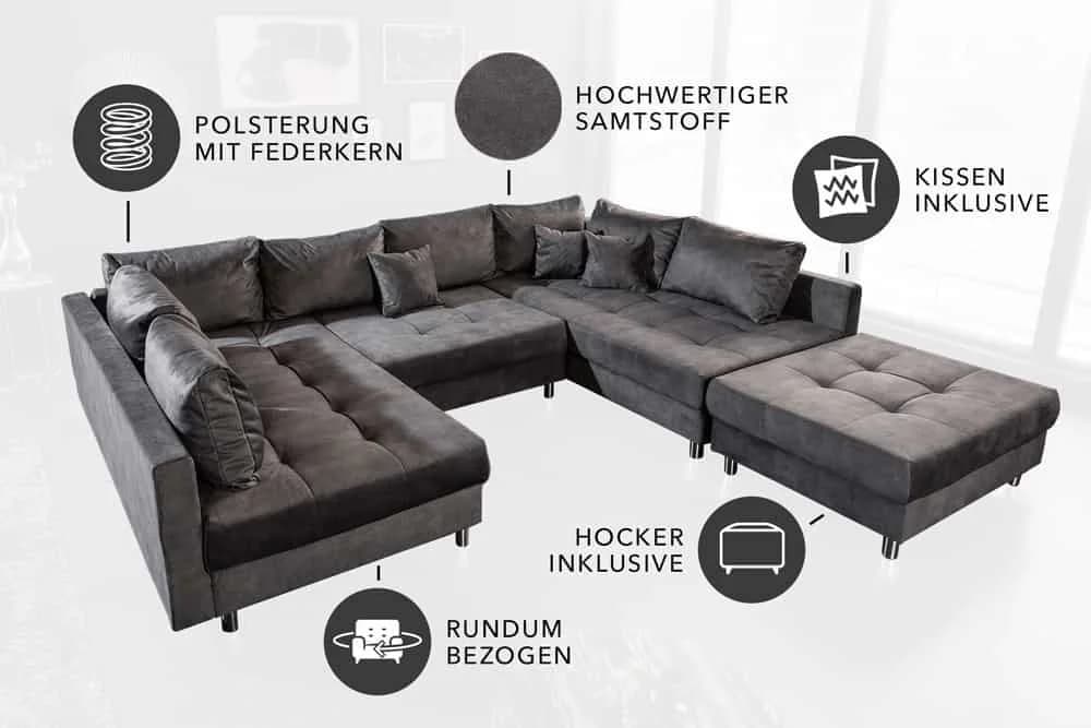 riess-ambiente Wohnlandschaft KENT 305cm Grau/Silber Samt U-Form mit Hocker - Bild 4
