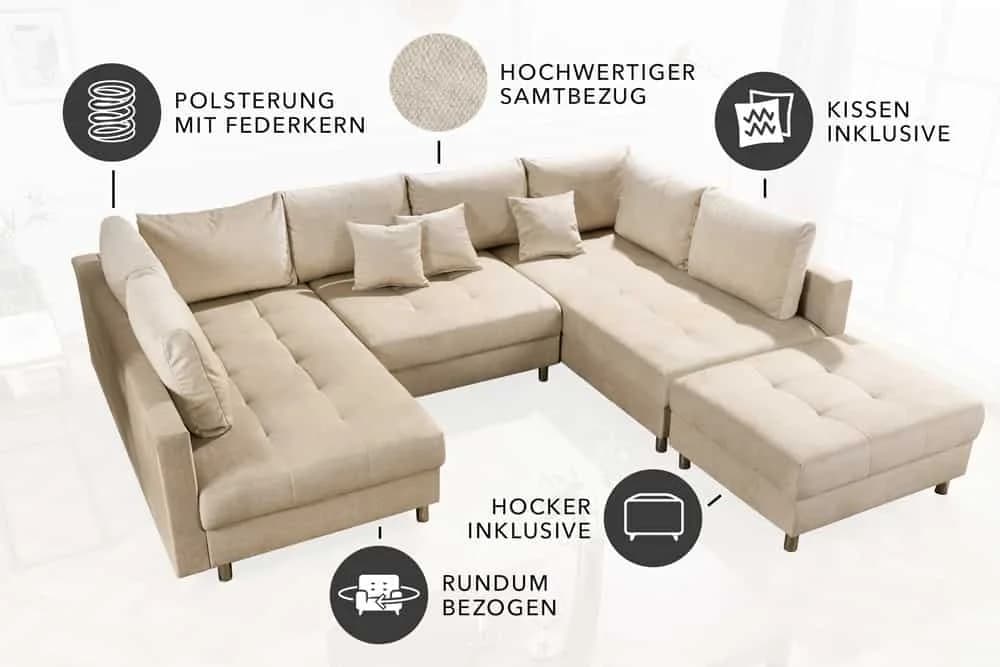 riess-ambiente Wohnlandschaft KENT 305cm Champagner Beige Samt Federkern U-Form - Bild 5