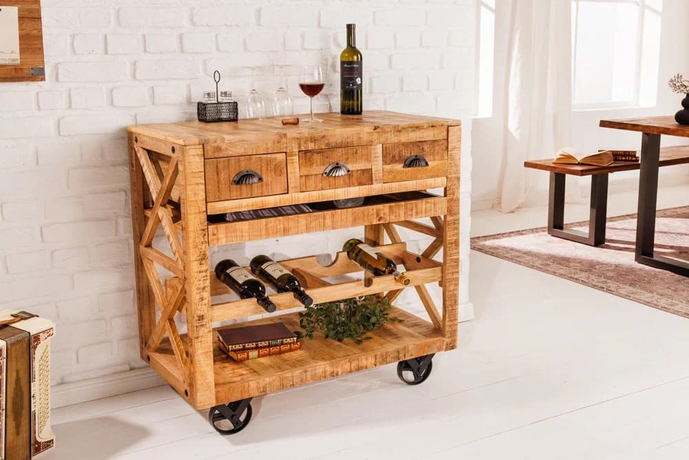 riess-ambiente Servierwagen BODEGA 86cm Natur/Mangoholz Weinregal Barschrank