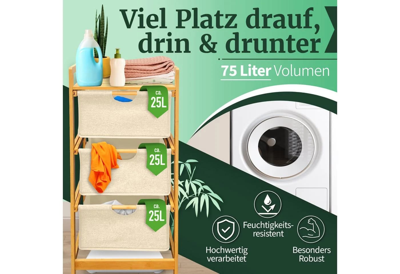 HEIMWERT Wäschekorb Regal 3 Fächer Bambus Wäschesortierer - Bild 4
