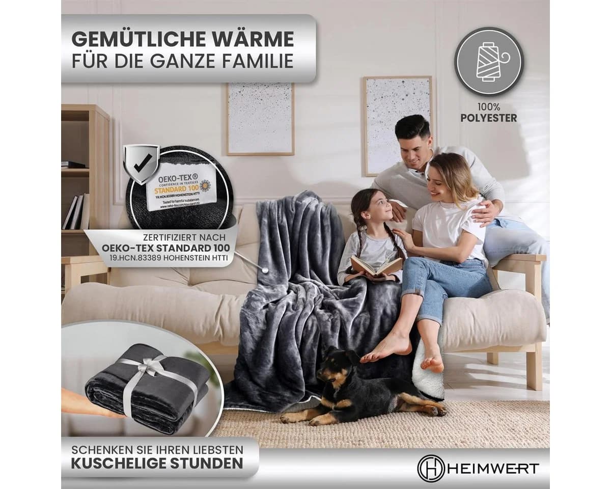 Wohndecke Kuscheldecke Wolldecke 220 x 240 cm Grau HEIMWERT - Bild 5
