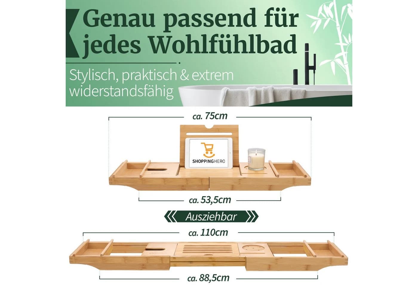 HEIMWERT Badewannenablage Bambus mit ausklappbaren Füßen